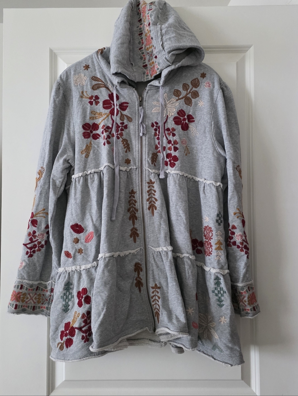 Johnny Was Zuzu Tiered Hoodie Jacket Zip Up Boho Festival Designer Minimalist XL
